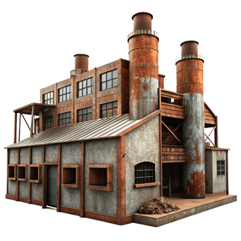 elegant creative Abandoned industrial factory, rusty metal structures, broken windows, overcast sky, urban decay photography high quality png