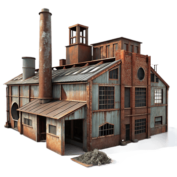 impressive classic Abandoned industrial factory, rusty metal structures, broken windows, overcast sky, urban decay photography high resolution png