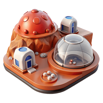 elegant rustic Mars colonization habitat, modular inflatable structures, red Martian landscape, daytime lighting, science fiction illustration exclusive png
