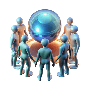 stunning creative A group of genetically modified humans, with glowing skin and otherworldly features, gather around a glowing orb. Ethereal, glowing lighting. Fantasy style high quality png