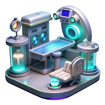 magnificent artistic A futuristic medical bay, with glowing surgical instruments and holographic displays, showcases advanced medical technology. Sterile, fluorescent lighting. Sci-fi realism style 4K png