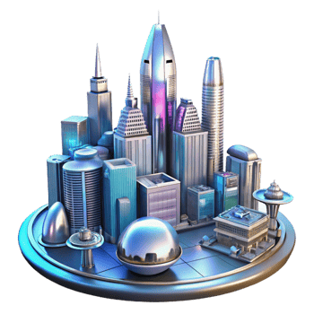 stunning minimalist A futuristic cityscape, with towering skyscrapers and flying vehicles, reflected in the polished chrome of a robotic figure. Neon, reflective lighting. Cyberpunk style detailed png
