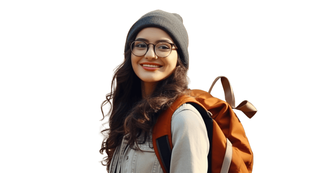 Young Indian Woman Wearing Glasses and Carrying Backpack on Transparent. Study, University png