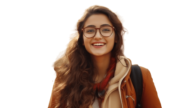 Smart Indian Female Student with Glasses and Backpack Isolated on Transparent Background. Education png