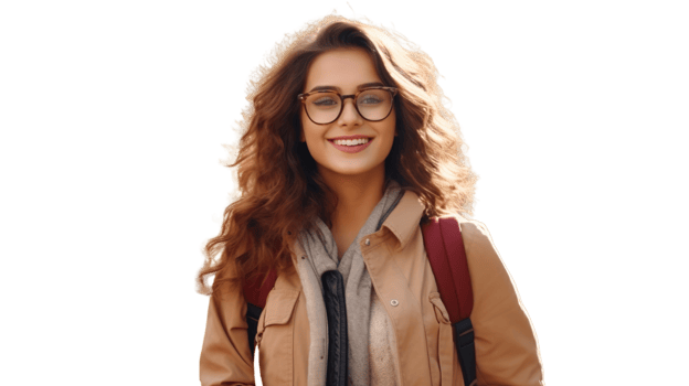 Young Indian Woman Wearing Glasses and Carrying Backpack on Transparent. Study, University, School png