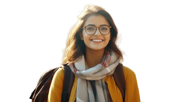 Smart Indian Female Student with Glasses and Backpack Isolated on Transparent Background. Education, Learning png