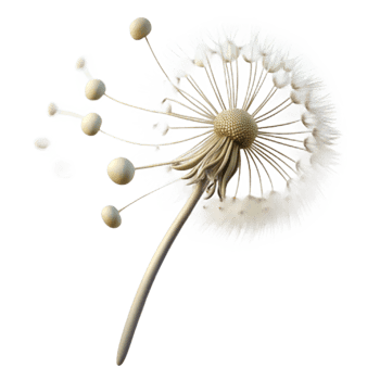 vibrant artistic Single dandelion seedhead with seeds blowing in the wind, delicate, ethereal, white background, macro photography, detailed png