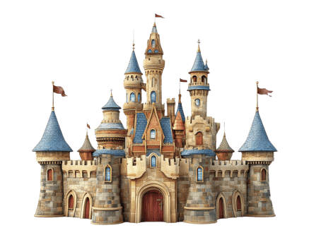 whimsical fairy tale castle with turrets, flags, and stone walls, perfect for enchanting stories and imaginative play png