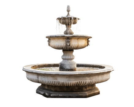 Elegant stone fountain with flowing water, featuring intricate details and circular basin, perfect for gardens or outdoor spaces png
