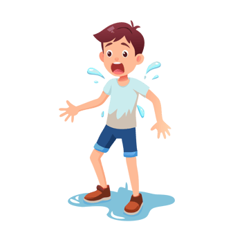 Young boy surprised by water splash indoor setting cartoon illustration child's play shocked expression png