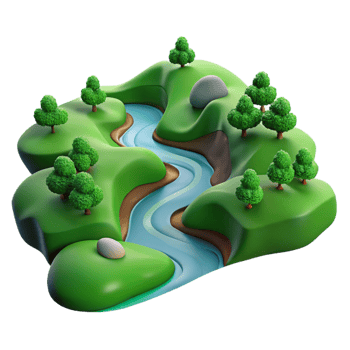 dramatic rustic A winding river flowing through a valley, aerial view, lush green landscape, panoramic, detailed png