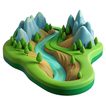 dramatic contemporary A winding river flowing through a valley, aerial view, lush green landscape, panoramic, premium png