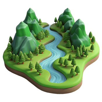 impressive rustic A winding river flowing through a valley, aerial view, lush green landscape, panoramic, premium png