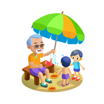 Grandfather sharing joyful moments with grandchildren under colorful umbrella at beach cartoon style playful atmosphere png