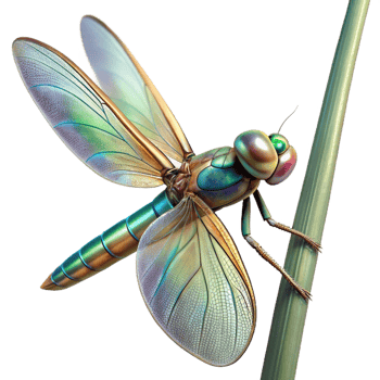 beautiful rustic Close-up of a dragonfly perched on a reed, iridescent wings, macro photography, natural light, detailed png