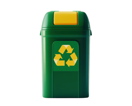 Recycling bin with green color and yellow lid, featuring recycling symbol. Ideal for promoting eco friendly practices and waste management png