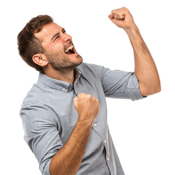 Celebrating victory man clenching fists in excitement indoor setting emotional moment close-up triumph png