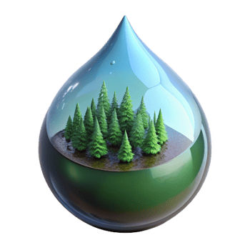 magnificent contemporary A dewdrop reflecting a miniature forest scene, macro photography, spherical distortion, cool, muted colors detailed png