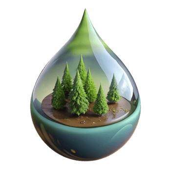 dramatic traditional A dewdrop reflecting a miniature forest scene, macro photography, spherical distortion, cool, muted colors authentic png
