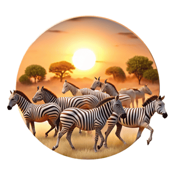 wonderful contemporary A herd of zebras migrating across the African savanna, bathed in the golden light of sunset, illustrated in a classic, wildlife documentary style high resolution png