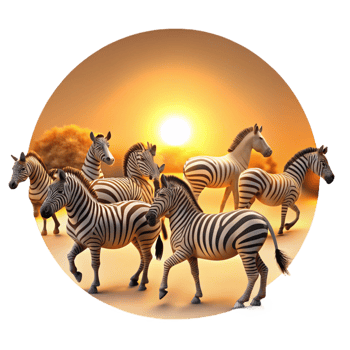 vibrant abstract A herd of zebras migrating across the African savanna, bathed in the golden light of sunset, illustrated in a classic, wildlife documentary style detailed png