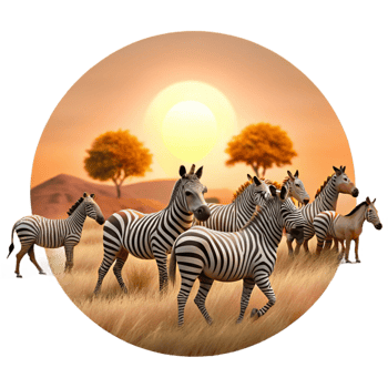 beautiful abstract A herd of zebras migrating across the African savanna, bathed in the golden light of sunset, illustrated in a classic, wildlife documentary style high quality png