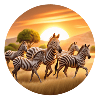 wonderful modern A herd of zebras migrating across the African savanna, bathed in the golden light of sunset, illustrated in a classic, wildlife documentary style exclusive png