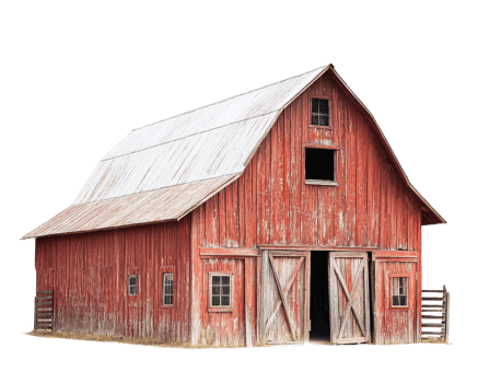 rustic red barn with weathered appearance, featuring metal roof and wooden doors, set against plain background. This structure evokes sense of rural charm and agricultural heritage png