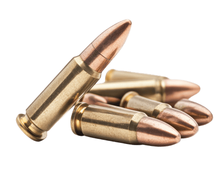 close up of several metallic bullets with shiny brass casing and pointed tips, showcasing their detailed design and craftsmanship png