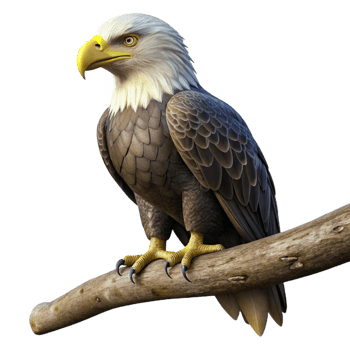 magnificent creative A regal bald eagle perched on a weathered branch, gazing intently at the viewer, dramatic chiaroscuro lighting. Photorealistic style genuine png