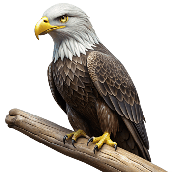 elegant artistic A regal bald eagle perched on a weathered branch, gazing intently at the viewer, dramatic chiaroscuro lighting. Photorealistic style high quality png