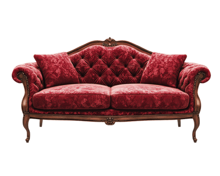 Luxurious red velvet sofa with intricate tufting and wooden frame, perfect for elegant interiors png