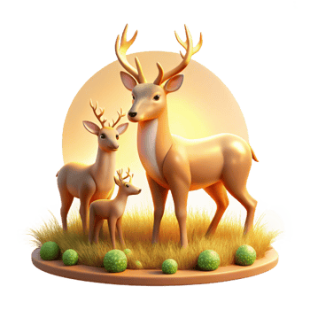 dramatic abstract A family of deer grazing in a meadow, soft, golden light creating a peaceful scene high quality png