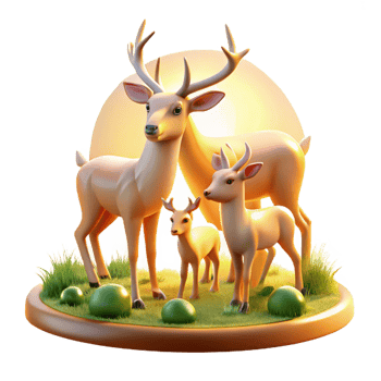 wonderful traditional A family of deer grazing in a meadow, soft, golden light creating a peaceful scene premium png