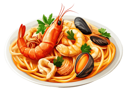 A plate of pasta with shrimp and mussels png
