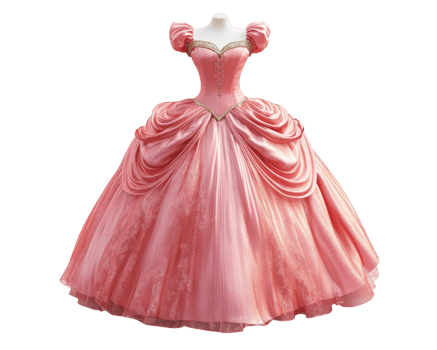 Elegant pink ball gown with puff sleeves and intricate detailing, perfect for formal events or costume parties. flowing skirt adds touch of whimsy and charm png
