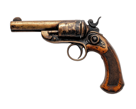 Antique revolver with wooden grip and brass finish, showcasing intricate details and vintage design. classic piece of firearm history png