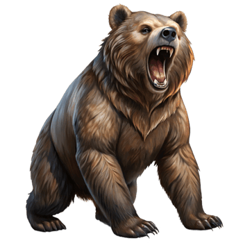dramatic artistic A powerful grizzly bear standing on its hind legs, roaring fiercely. Dramatic backlighting. Oil painting style original png