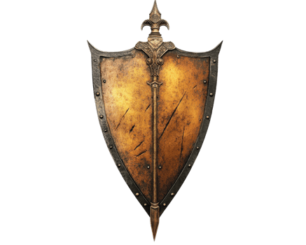 medieval shield with golden surface and ornate details, featuring central spear design. This shield represents strength and protection in battle png