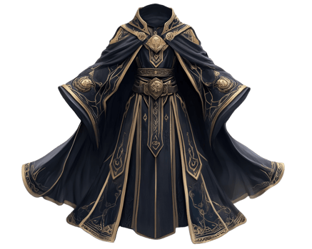 majestic wizard in dark, ornate robe with golden accents, exuding power and mystery. intricate designs and flowing fabric create enchanting presence png