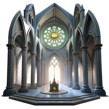 stunning creative Gothic cathedral interior, stained glass rose window, shafts of light, volumetric fog, ethereal, Greg Rutkowski, Alphonse Mucha, Art Nouveau, 8k, high detail, high resolution png