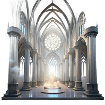 extraordinary minimalist Gothic cathedral interior, stained glass rose window, shafts of light, volumetric fog, ethereal, Greg Rutkowski, Alphonse Mucha, Art Nouveau, 8k, high detail, genuine png