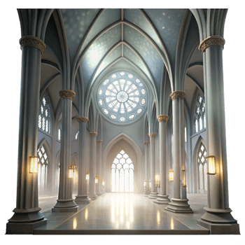 impressive modern Gothic cathedral interior, stained glass rose window, shafts of light, volumetric fog, ethereal, Greg Rutkowski, Alphonse Mucha, Art Nouveau, 8k, high detail, high resolution png