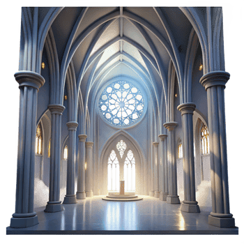 magnificent artistic Gothic cathedral interior, stained glass rose window, shafts of light, volumetric fog, ethereal, Greg Rutkowski, Alphonse Mucha, Art Nouveau, 8k, high detail, high resolution png