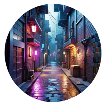 magnificent minimalist Cyberpunk alleyway, neon signs, graffiti, holographic projections, rainy night, gritty and atmospheric, 8k, high detail, high resolution png