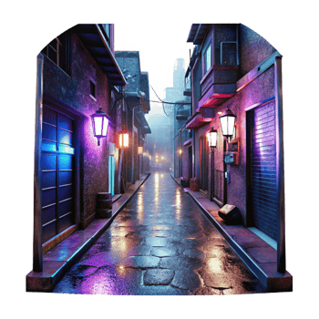magnificent modern Cyberpunk alleyway, neon signs, graffiti, holographic projections, rainy night, gritty and atmospheric, 8k, high detail, premium png