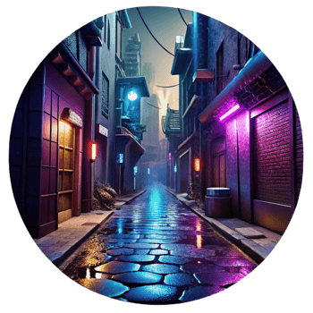 elegant rustic Cyberpunk alleyway, neon signs, graffiti, holographic projections, rainy night, gritty and atmospheric, 8k, high detail, detailed png