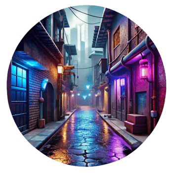 extraordinary abstract Cyberpunk alleyway, neon signs, graffiti, holographic projections, rainy night, gritty and atmospheric, 8k, high detail, genuine png