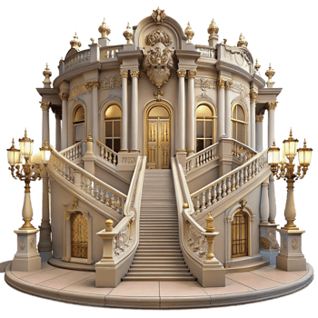 dramatic minimalist Baroque palace, ornate facade, grand staircase, opulent interior, chandelier lighting, 8k, high detail, 4K png