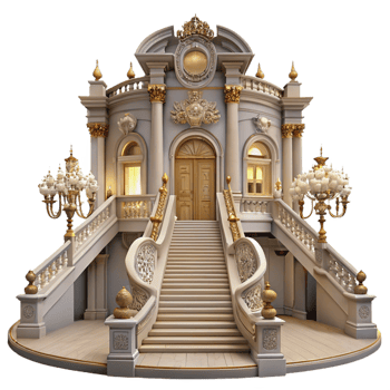 stunning contemporary Baroque palace, ornate facade, grand staircase, opulent interior, chandelier lighting, 8k, high detail, original png